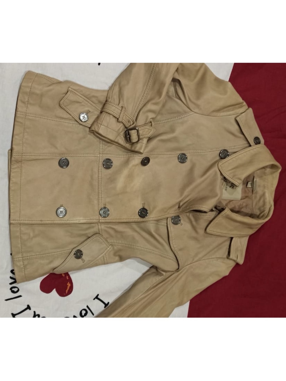 Vintage Burberry Beige Double-Breasted Faux Leather Trench Jacket